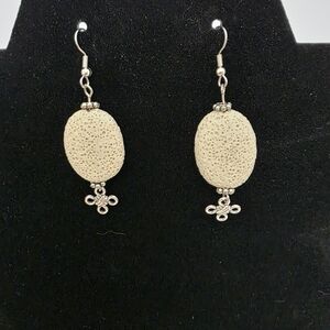 Beige Ivory Cream Lava Drop Earrings Spherical Sea Ivory 2.5" Length Silver Hook